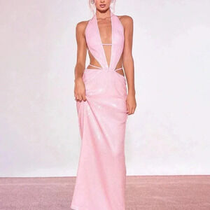 Baby Pink Sexy Women's Sequin Cut Out Front Maxi Dress